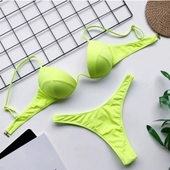 New Neon Yellow Underwire Bikini Set with High Cut Leg Swimsuit Size L - Picture 6 of 8